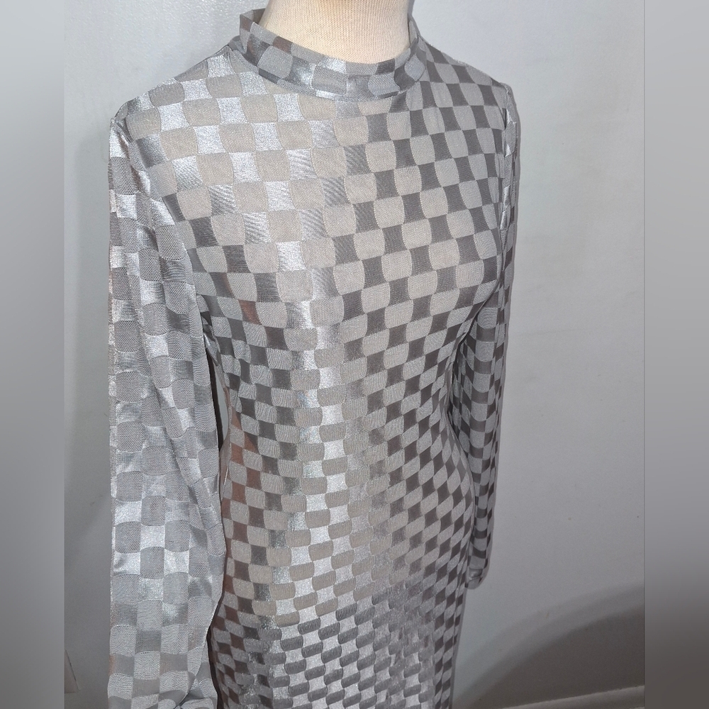 SHEIN /Silver Long Sleeve Checkered Dress/ W Sz 6 - Picture 2 of 6